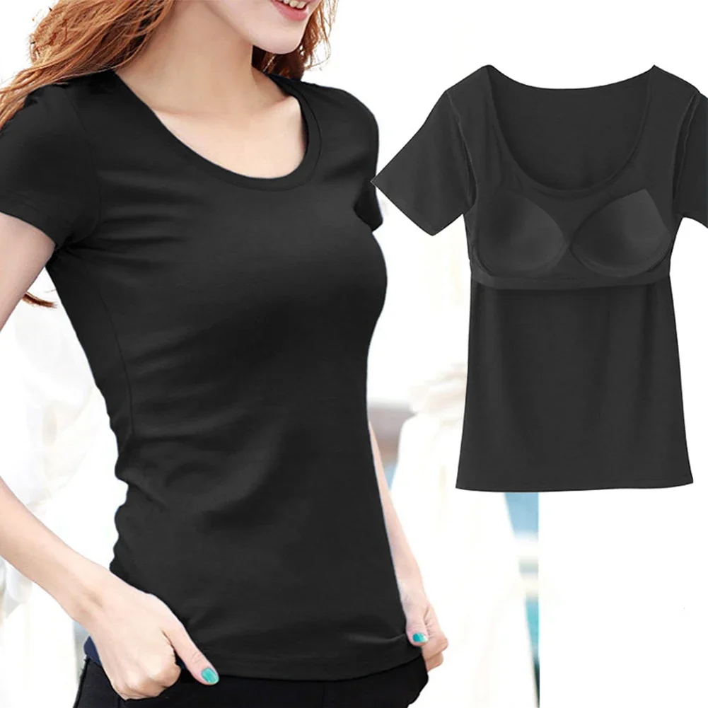 Women Autumn Short Sleeve Tops With Built In Bra Push Up Padded Layer Solid Slim Fitting Tees Ladies Round Neck Elastic T-Shirt