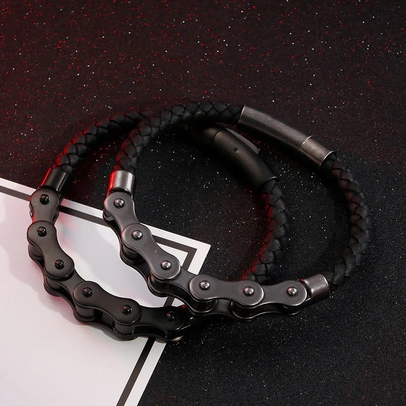 

Retro Punk Bicycle Chain Hand Woven Leather Bracelet with Metal Buckle Men's Cycling Motorcycle Rock Party Jewelry
