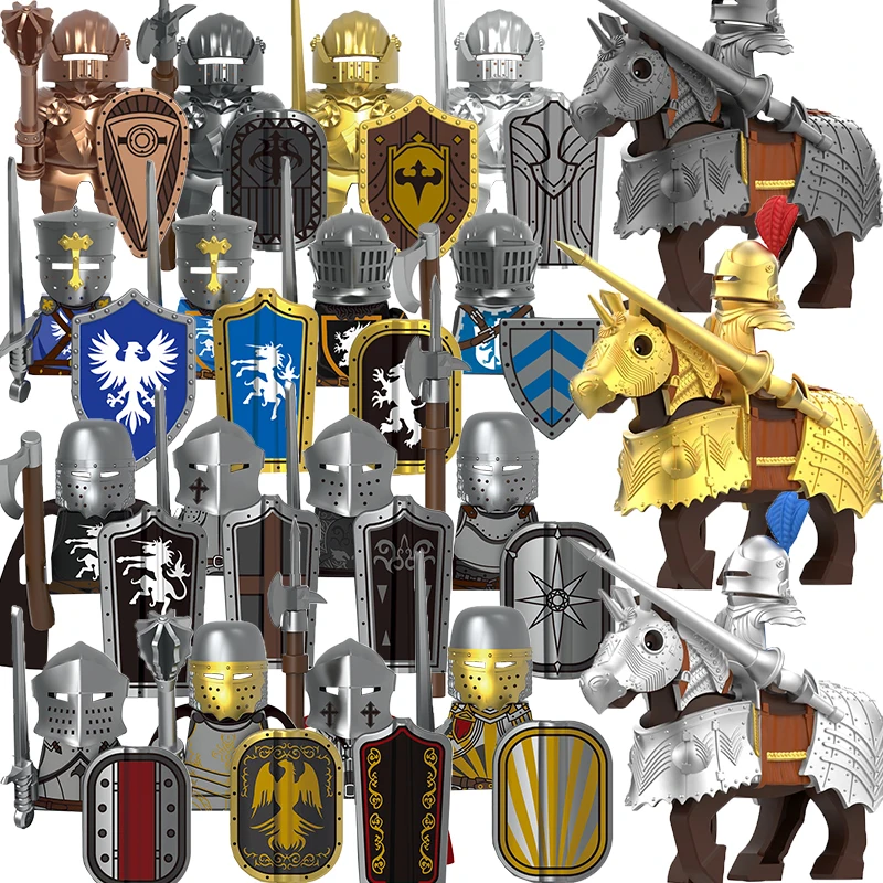 Figurines militaires médiévales MOC, blocs de construction, château, chevalier, soldat, casque, armure, épée, accessoires, mini briques, jouet, cadeau F12