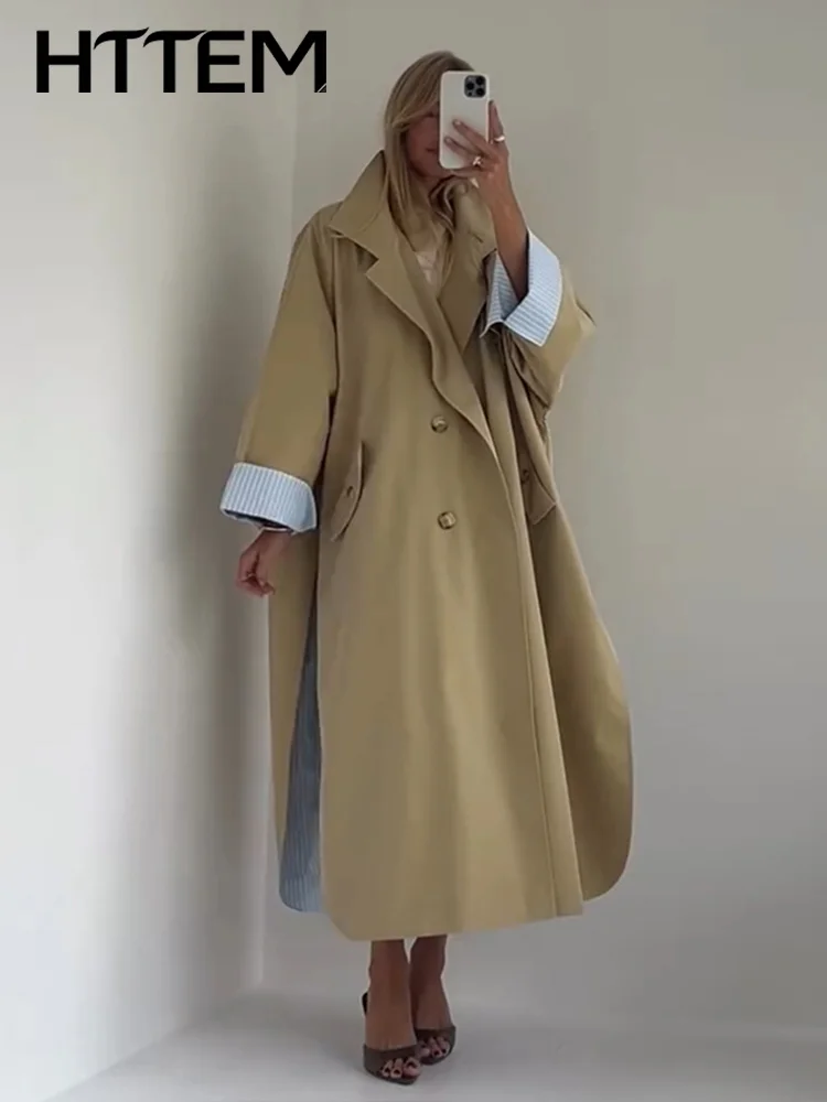 Women's Autumn Oversized Trench Coat Chic Single Breasted Lapel Stripe Lining High Slit Windbreaker Autumn Lady Commute Outwear