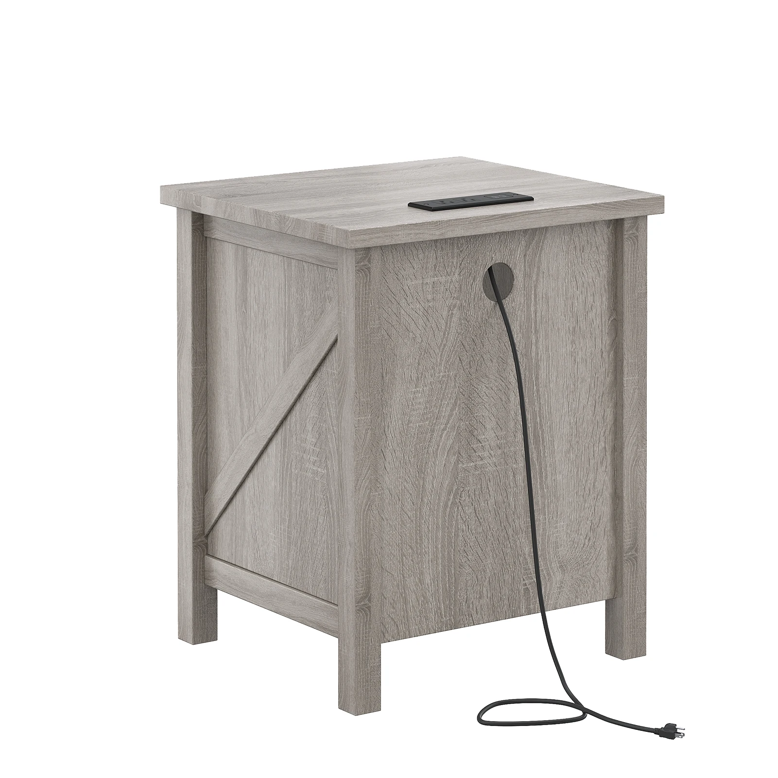 Nightstand with Charging Station and USB Port Wood Farmhouse Side End Table w 2 Drawers and Open Shelf for Bedroom Living Room