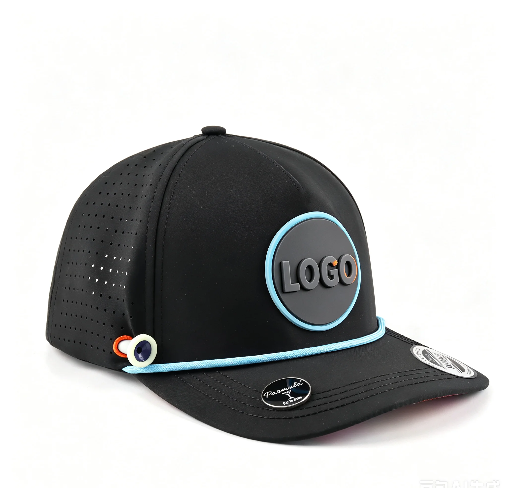Custom 5 Panel Rubber PVC Patch Cap Waterproof Laser Cut Hole Perforated Black Polyester Golf Rope Hat for Sports Team Logo