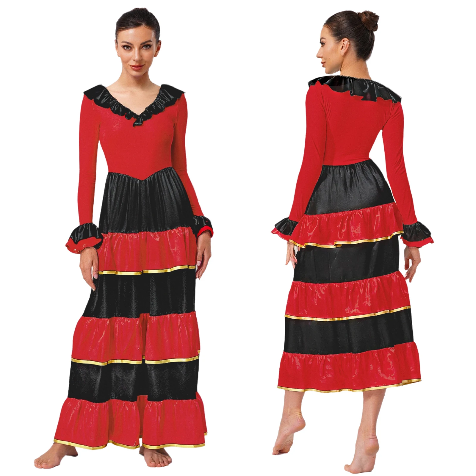 Women Long Sleeve Tiered Ruffled Big Swing Flamenco Dance Dress Spanish Paso Doble Ballroom Dancing Rumba Performance Dancewear