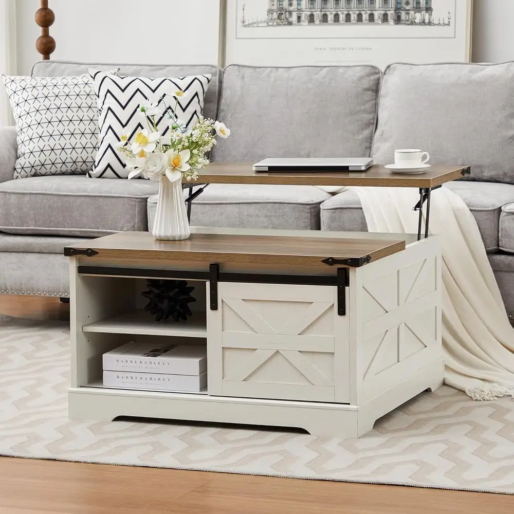 

Rustic White Square Coffee Table with Sliding Barn Door and Adjustable Shelf for Living Room Storage