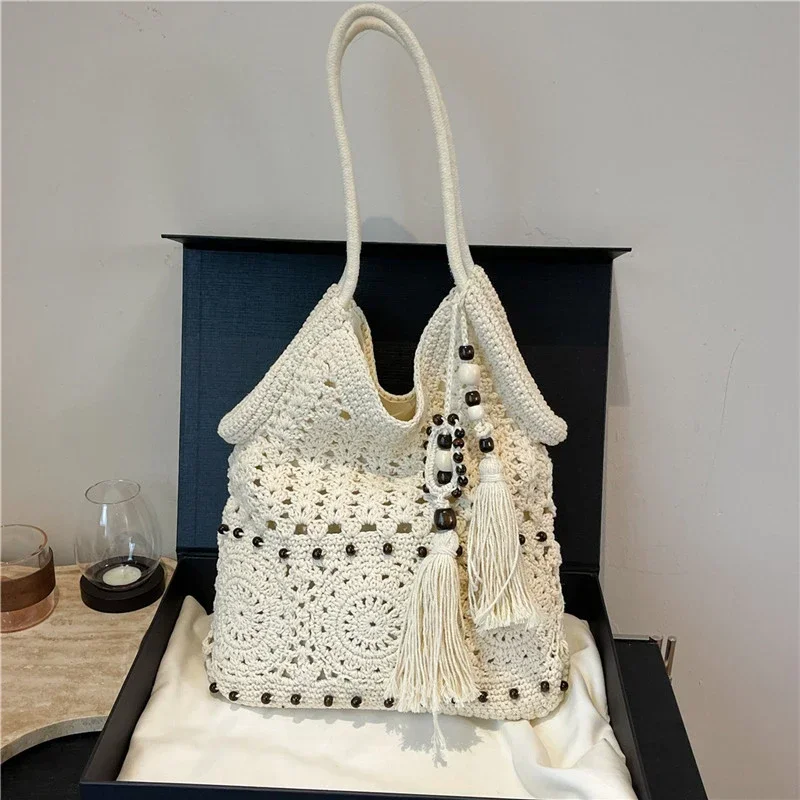 

Сумки на плечо с кисточками большой емкости, однотонные универсальные тканевые женские сумки, хит продаж 2025, летние женские сумки для отдыха