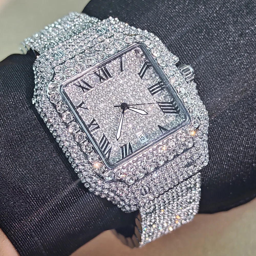 No Loge Full Diamond High Quality Classic Iced Out Quartz Watch Men Gold Sliver Square Watch Male Hip Hop Man AAA Clock Reloj