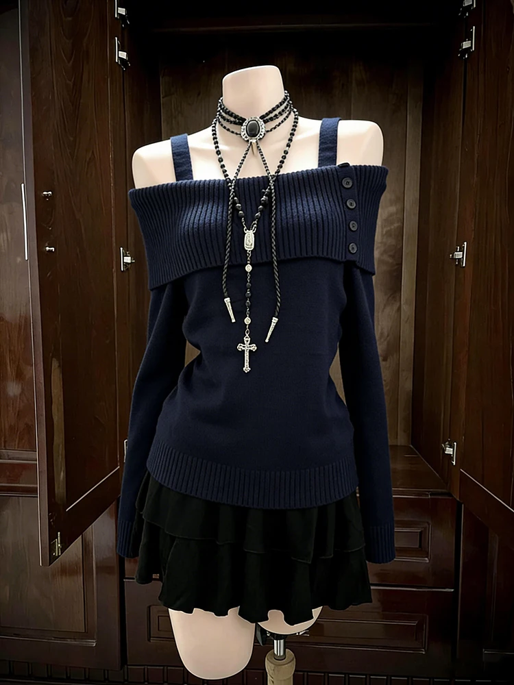 

Вязаный свитер женский в стиле ретро, с открытыми плечами, облегающий, с эффектом стройности, универсальный, художественный, длинный рукав, смесь хлопка, цвет синий, модель Gothic Rose Original