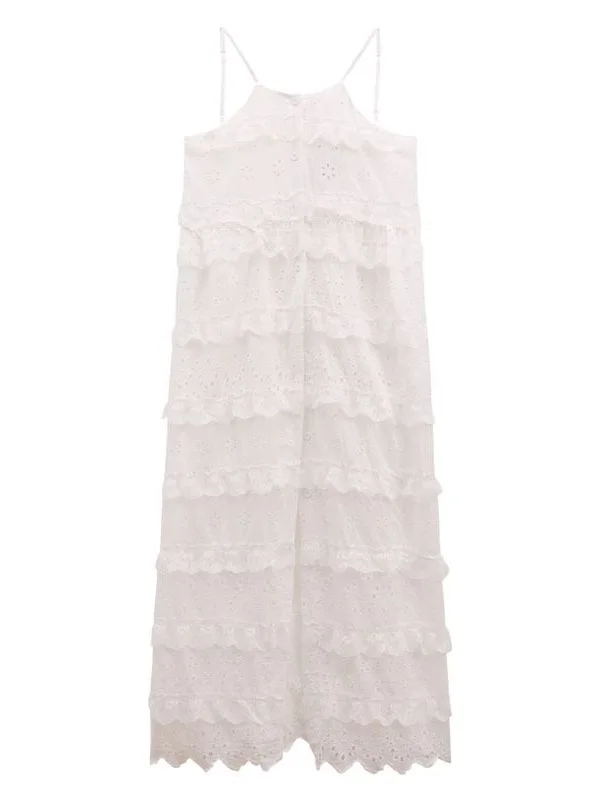 Lace Trim White Strapless Dress Women Summer Elegant Gentle Cake Skirt Waist Cinched Split Holiday Long Dress Vacation Gown
