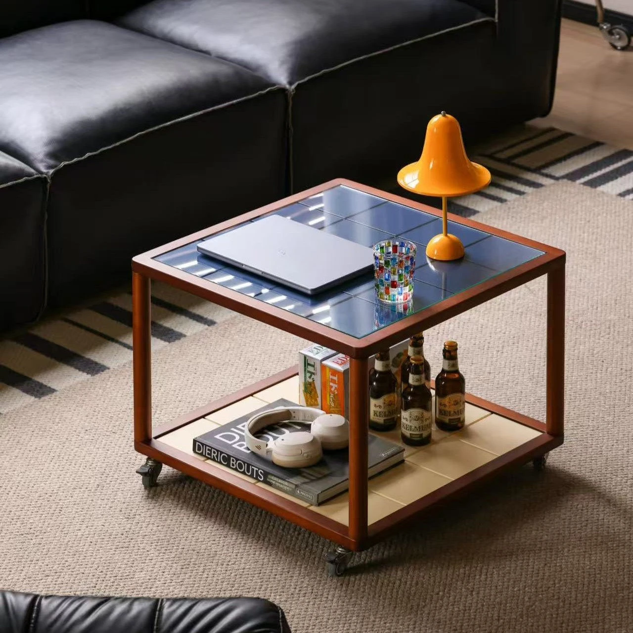Retro style home living room coffee table small apartment movable solid wood edge table