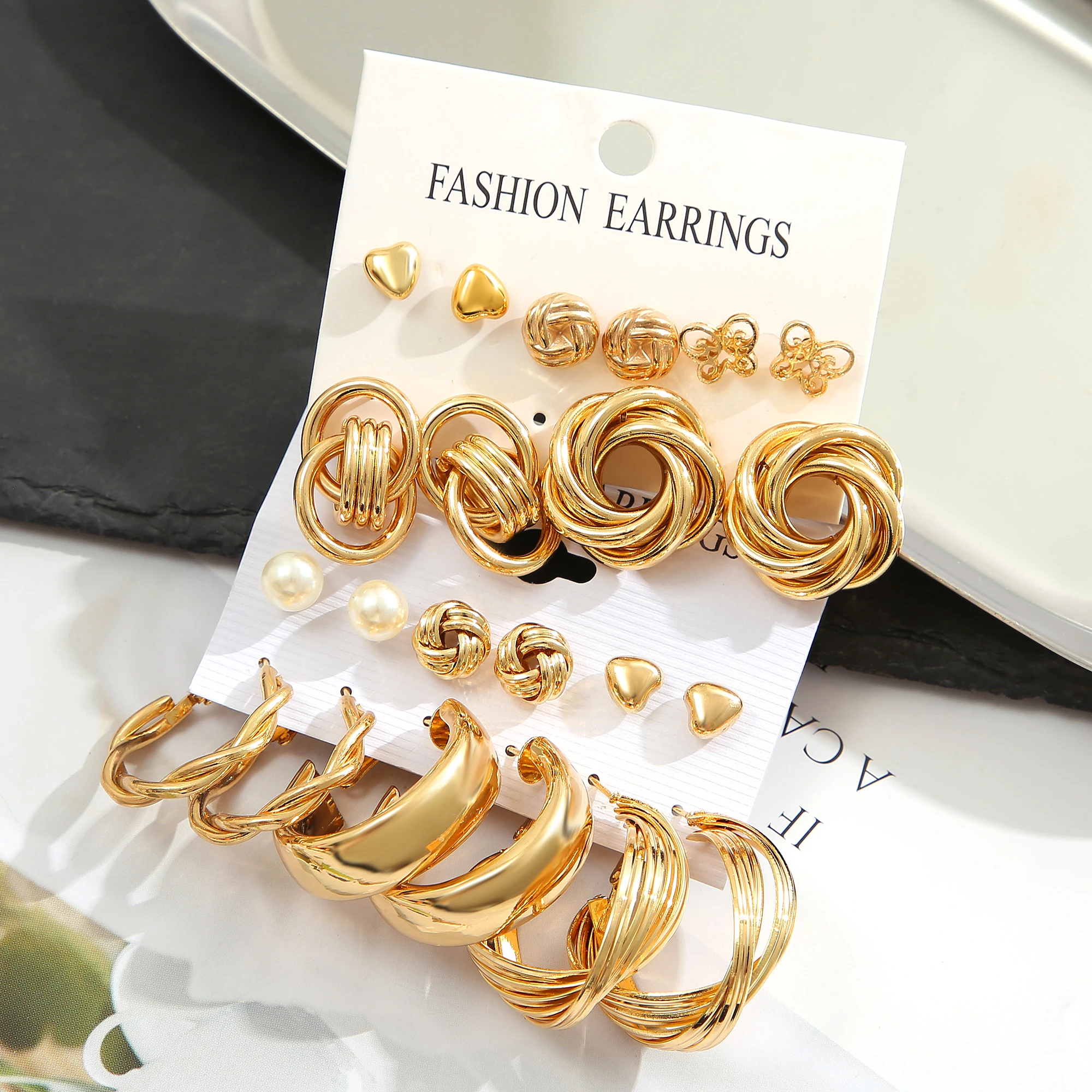 11 Pairs A Set Fashion Zinc Alloy Faux Pearl Rotation Geometry Decorative Earrings Womens Daily Decoration