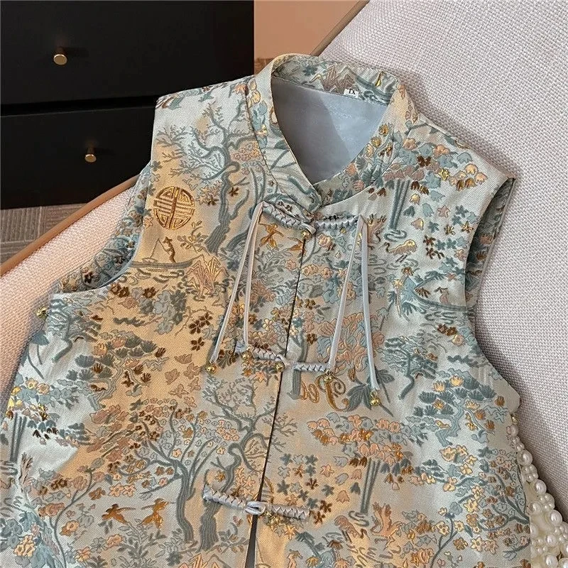 New Chinese National Style Tang Suit Vest Top Women Spring Summer 2024 New Fashion Retro Buckle Jacquard Waistcoat Outside Coat