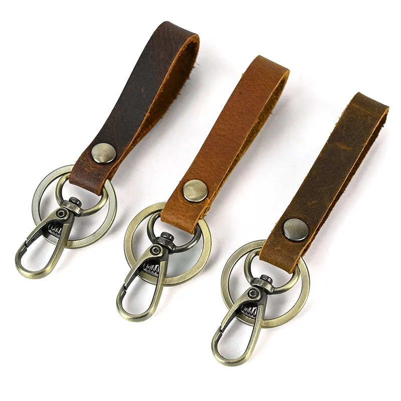 Vintage Brown Cowhide Car Keychain for Women Personality Leather Keyring Short Oil Corium Wristband Key Chains Lanyard Wholesale