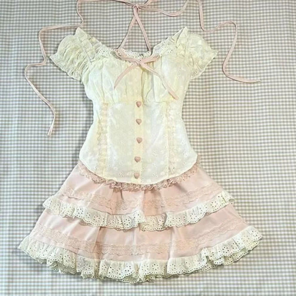 Süßes Lolita-Schleife-elegantes Spitzenkleid für Damen, Puffärmel, Rüschenrock, Prinzessinnen-Stil, Vintage-Fee, Kawaii-Outfits, 2025, modisch, neu