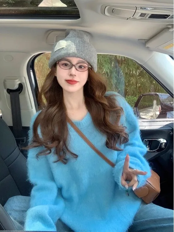 Damski sweter Thiened Long Camere 2025, nowy model jesienno-zimowy, luźny, elegancki, koreański sweter z dzianiny, słodki, o swobodnym kroju.