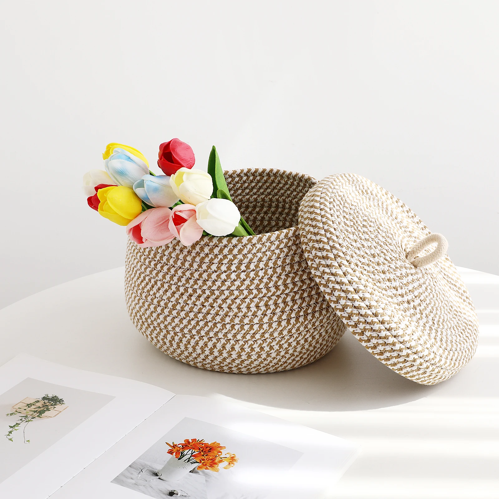 

Cotton Rope Lidded Woven Basket Storage ganizer Container Decorative Box Small Bin Desktop Tray Jute Baskets With Lid Home tool