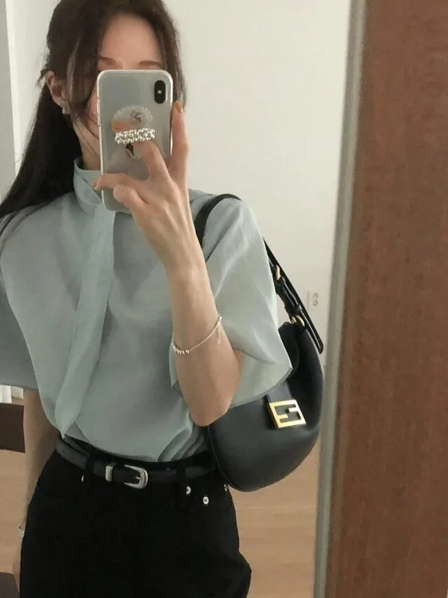 Elegant Summer New Style Women's Shirt Single Button Neck Tie Thin Short Sleeve Pure Color Korean Style Spring Autumn Winter