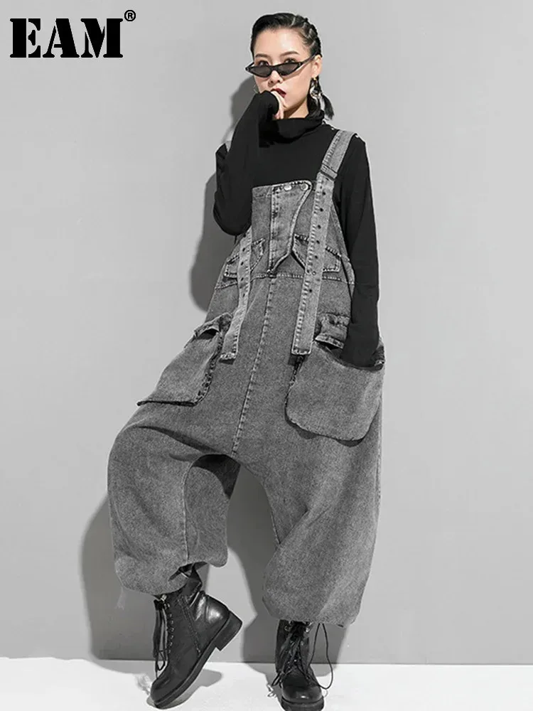 EAM High Waist Black Pocket c Denim Overalls Trousers New Loose Fit Pants Women Fashion Tide Spring Autumn 2025 1K164