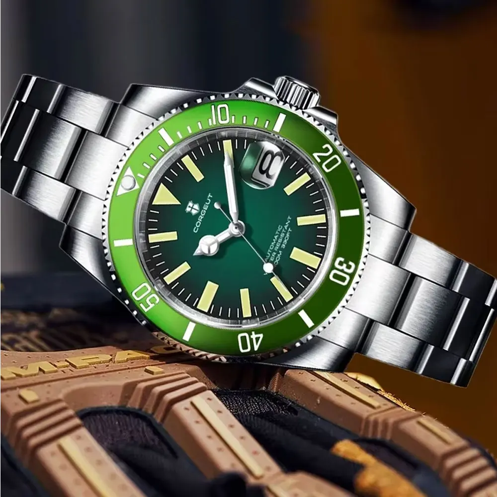 40 مللي متر CORGEUT ساعة للرجل الفاخر التلقائي NH35 ساعات آلية الياقوت مقاوم للماء 100 متر مضيئة شعار مخصص