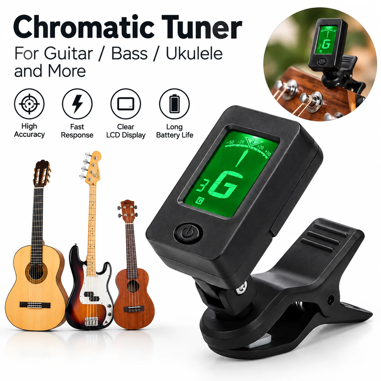 Clip On Guitar Tuner Digital Electronic Chromatic Tuner 360 Degree Rotatable LCD For Acoustic Electric Guitar Bass Ukulele