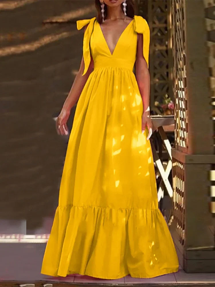 Sexy Summer Women V-Neck Sling Backless Dress Elegant Hollow Out BowKnot Long Party Dress Fashion Femme Dot Maxi Dress Vestido - Image 3