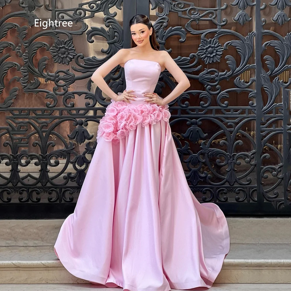 Eightree Pink Satin Ball Gown evening Dresses Strapless Sleeveless prom Dress 3D Floral Appliques Waist Decor Gowns Customized