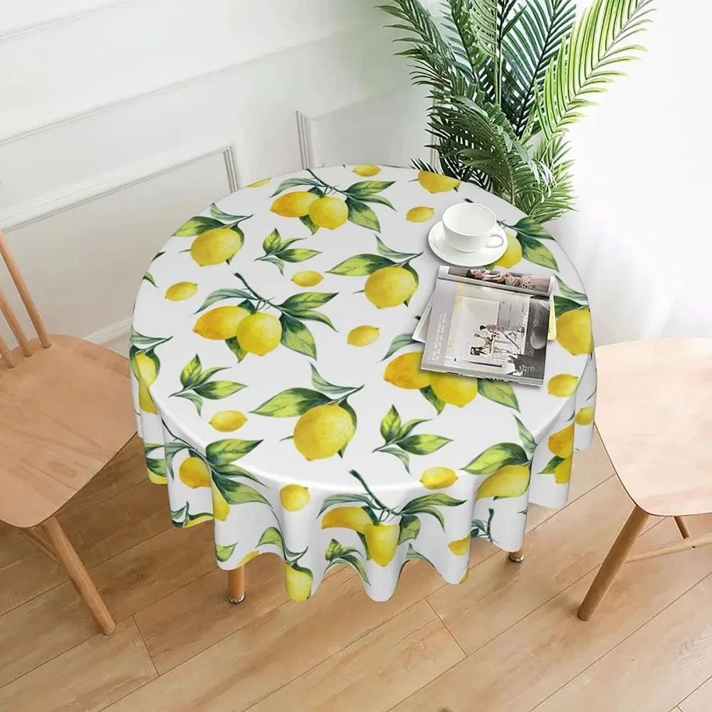 Lemon Tablecloth Round 60 Inches for Spring Summer Yellow Lemon Table Cloth Polyester Anti-Wrinkle Washable Circle Table Cover