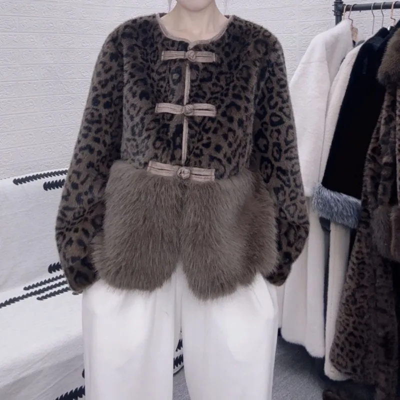 Women's Clothing Autumn Winter New Fashion Leopard Print Faux Fur Coat Short  Coats for Women Patchwork Jacket Single-breasted