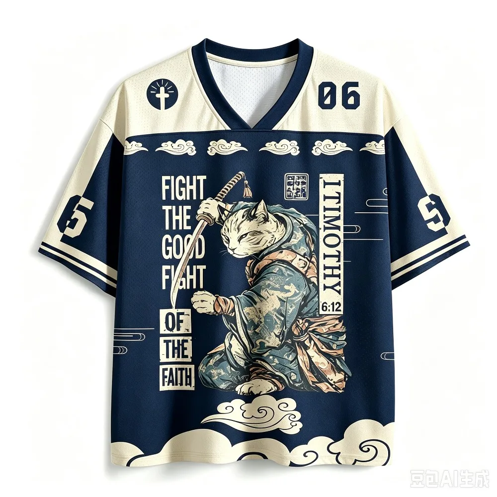 3D-Druck Herren V-Ausschnitt Locker Sitzendes Sport-Schnelltrocken-T-Shirt Sommer Neuer Stil Japanischer Katzenkrieger Lässiger Straßentrend. Eltern-Kind-Top – Detail 2