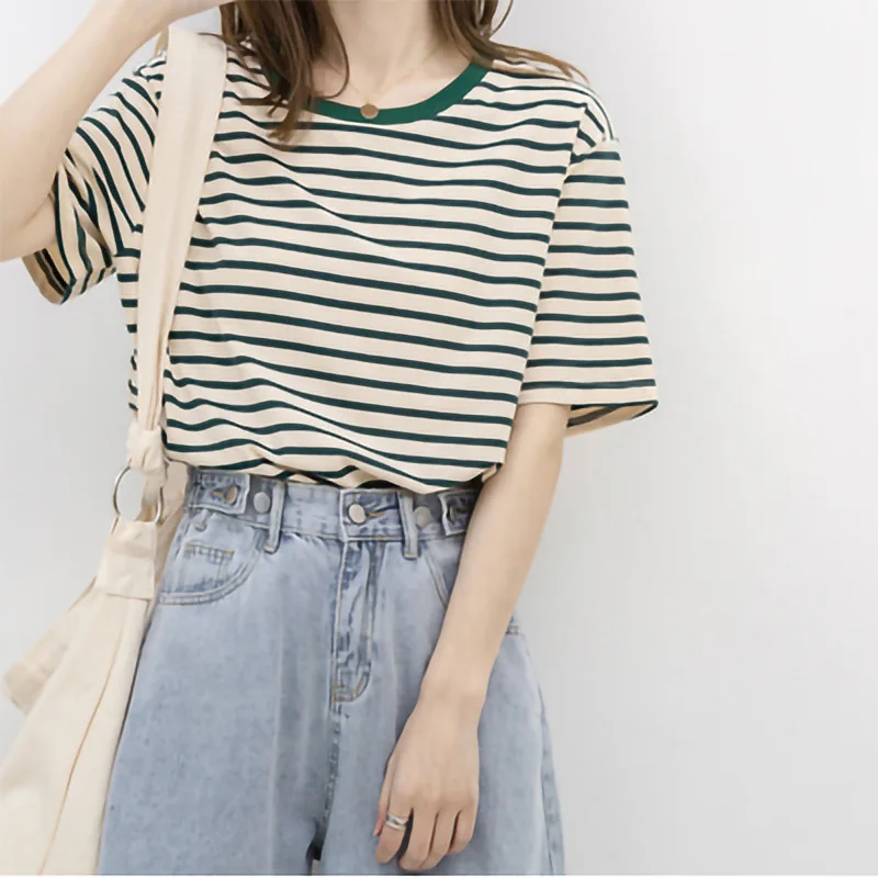 Brand Short Sleeve T-shirt Women's Summer Thin 2023 New Versatile Loose Cotton Green Striped T-shirt Top Navy Stripe