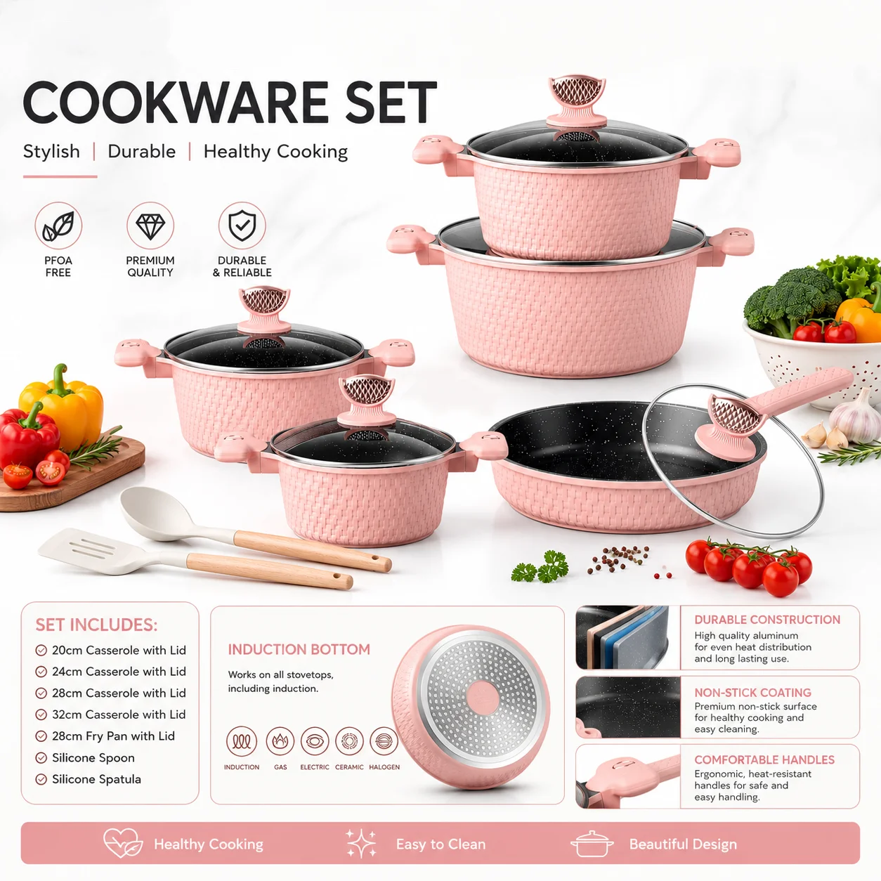 Nonstick Cookware Set Die Cast Aluminum Pots and Pans Set with Glass Lids Induction Ready Kitchen Cooking Pot Set for Home Use
