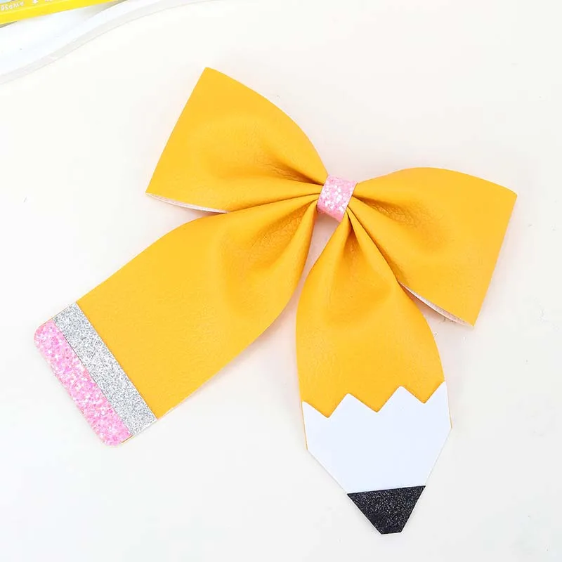 ncmama Back To School Yellow Leather Pencil Hair Clip for Women Sweet Girls Solid Bow Hairpin Party Headwear Hair Accessories