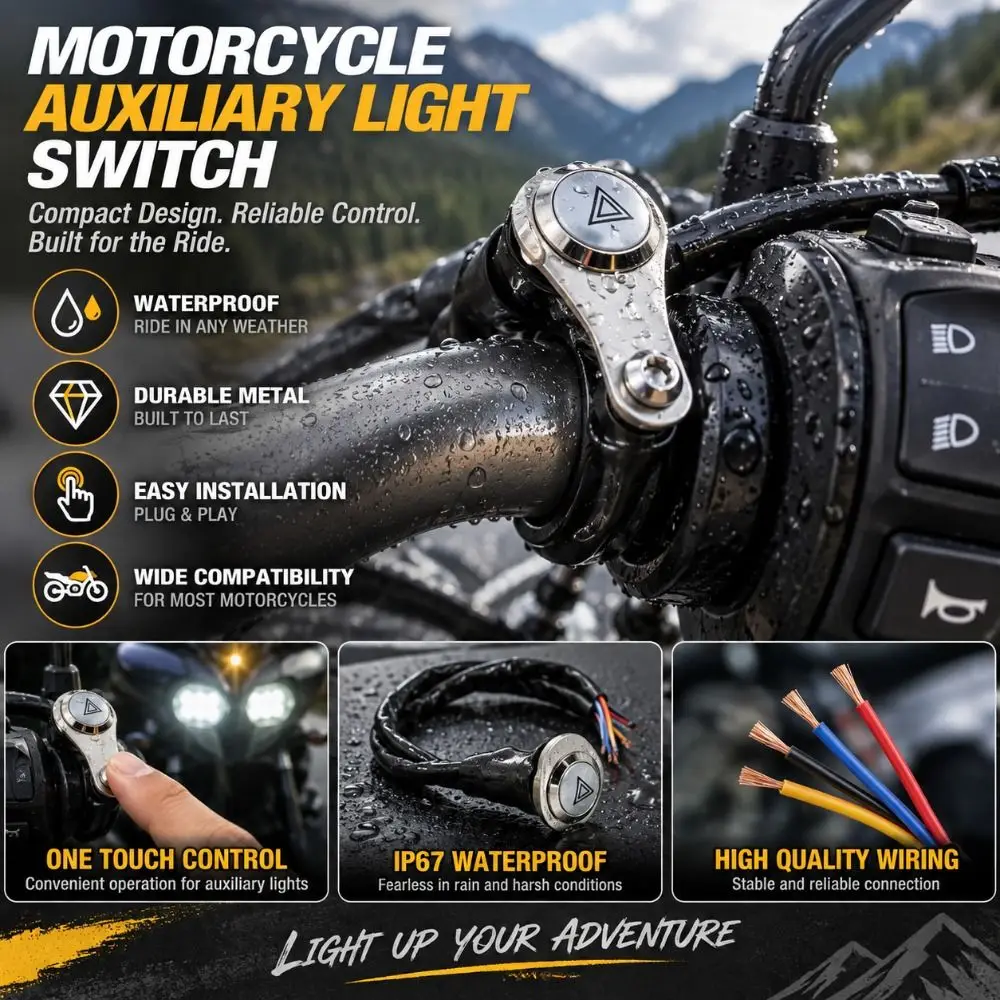 DC 12V Motorcycle Headlight Switch 5 Wire Universal Fit Push Button Switch Easy Installation ON-Off Motorcycle Accessories