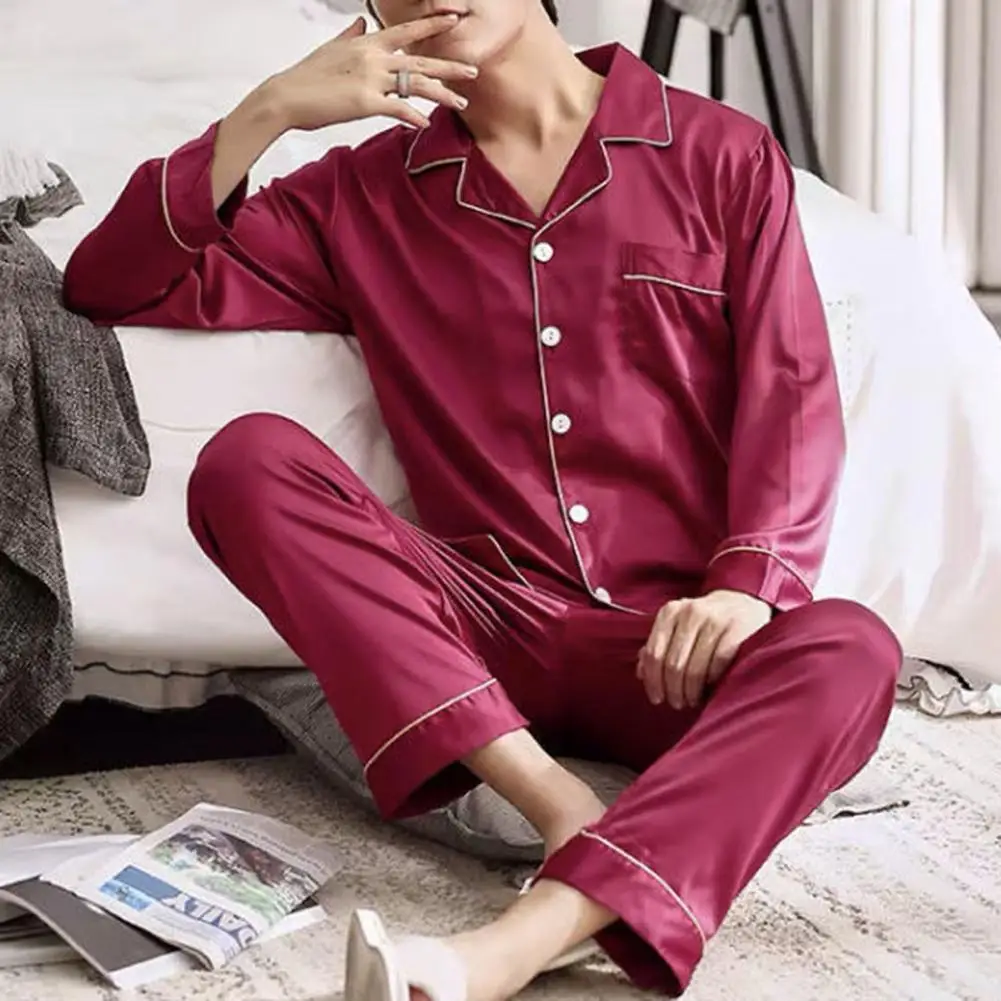 Ice Silk Pajamas Set Pullover Summer Long-sleeved Thin Silk Pajamas for Men Casual Homewear Suit Sleepwear Top Pants Clothing