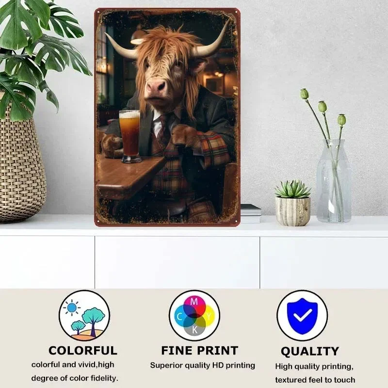 Highland Cow in the Bar Vintage Custom Metal Signs Decoration Wall Decor Vintage Tin Signs for Bar Garage Game Room Decoration