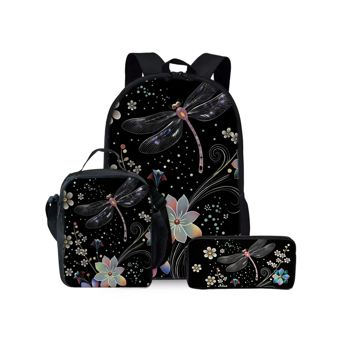 

Dragonfly Print Three Piece Backpacks Set for Boy and Girls Best Gifts 2D Flat Cartoon School Bag for Children
