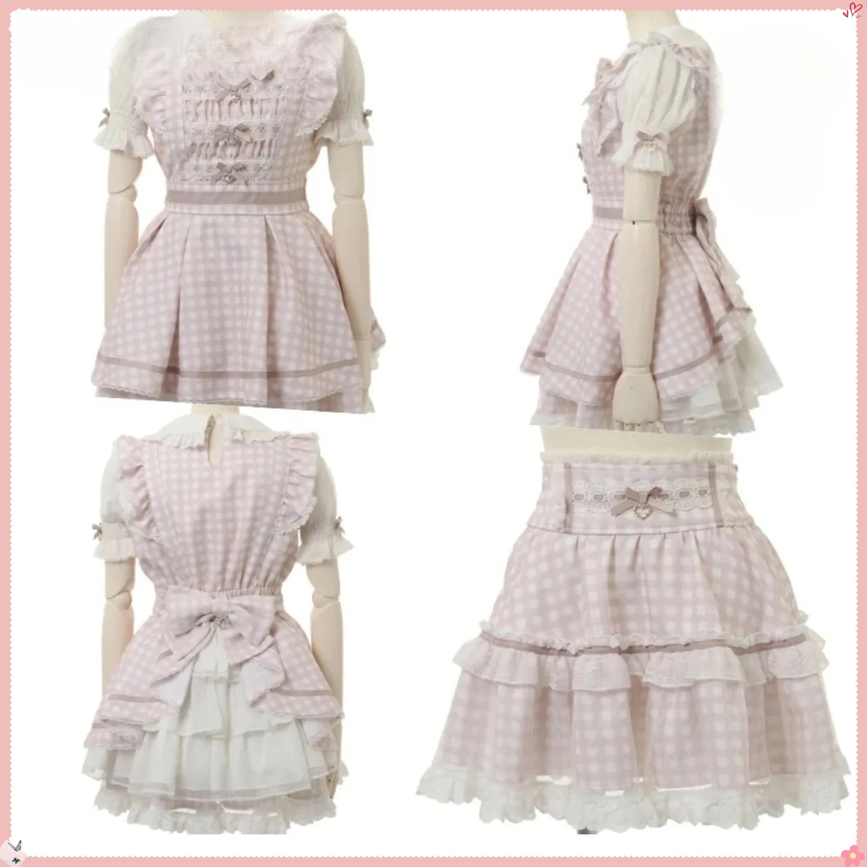 

Japanese Sweet Cute Girly Bow Checkered Top Lolita Doll Collar Short Sleeve Slim Fit Dress and Bottom Shorts Two-piece Set