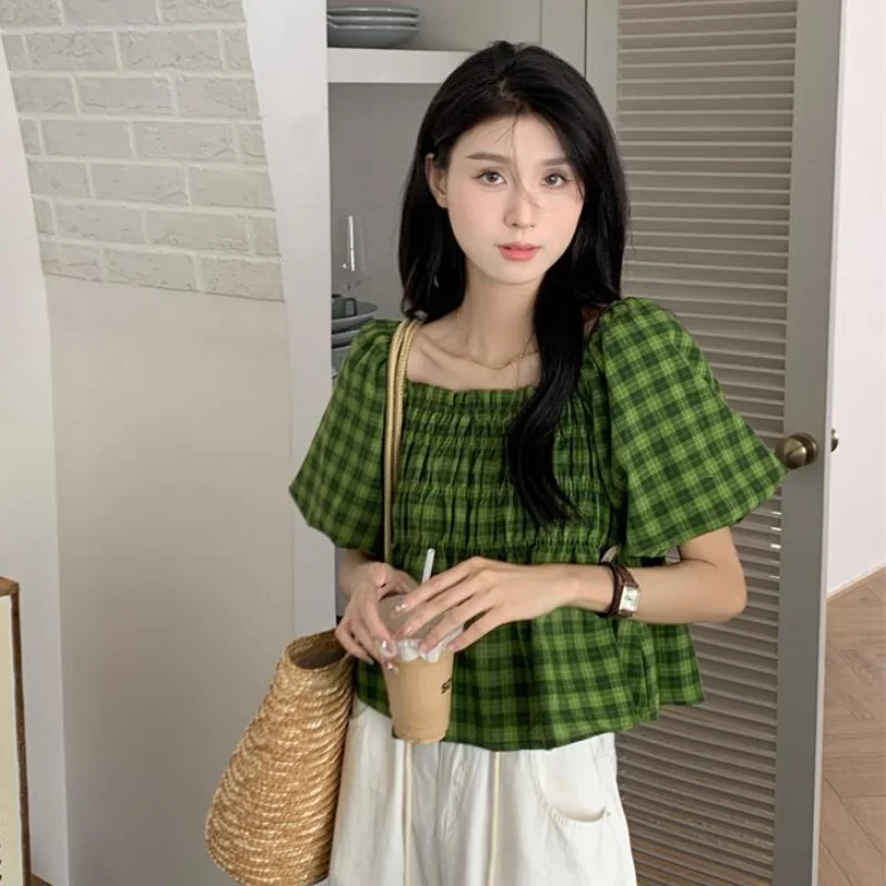 Green Plaid Blouses Women Puff Sleeve Sweet Loose Vintage Summer New Folds Korean Style Female Temperament Casual Aesthetic Ins - Image 4