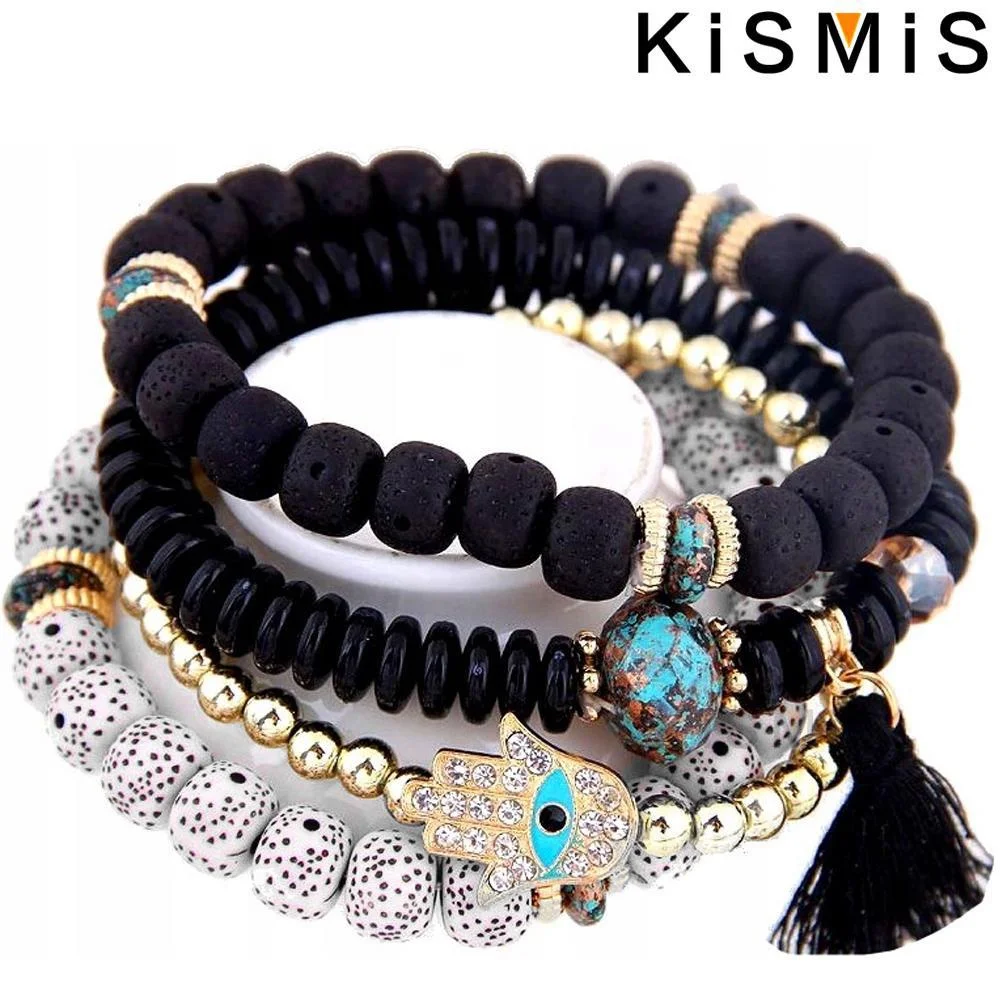 Bohemian Style Multilayer Stackable Beaded Bracelets Set Stretch Tassel Pendant Charms Evil Eye Jewelry