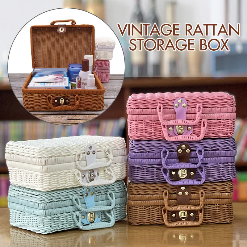 Retro Blue/White Rattan Suitcase Portable Woven Gift Box Cosmetic Storage Box Wicker Rattan Picnic Laundry Baskets Home Storage