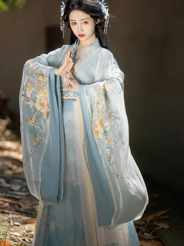 

Chinese style Hanfu Wei Jin style traditional dress blue, green dress large sleeve collar waist skirt embroidery suit costume