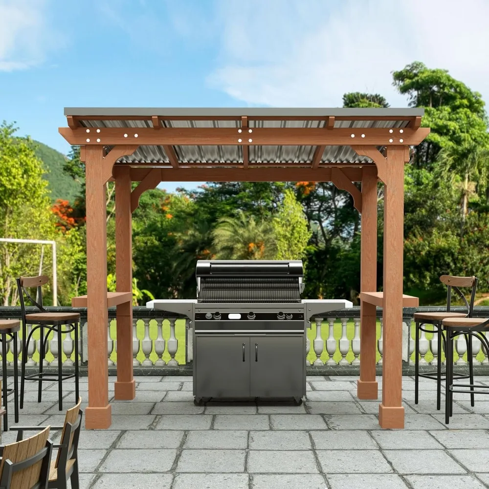 8’x5’ Grill Gazebo, Patio Gazebo with Hardtop Metal Roof, Rainwater Drainage, Wood Frame, BBQ Gazebo for Barbecue, Backyard