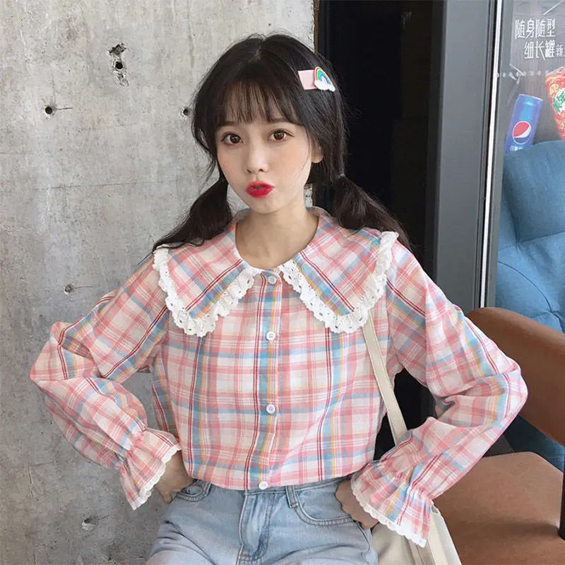 Spring and Autumn Japanese Cotton and Linen Loose Fitting Student Sweet Tops Plaid Long Sleeved Shirt for Women