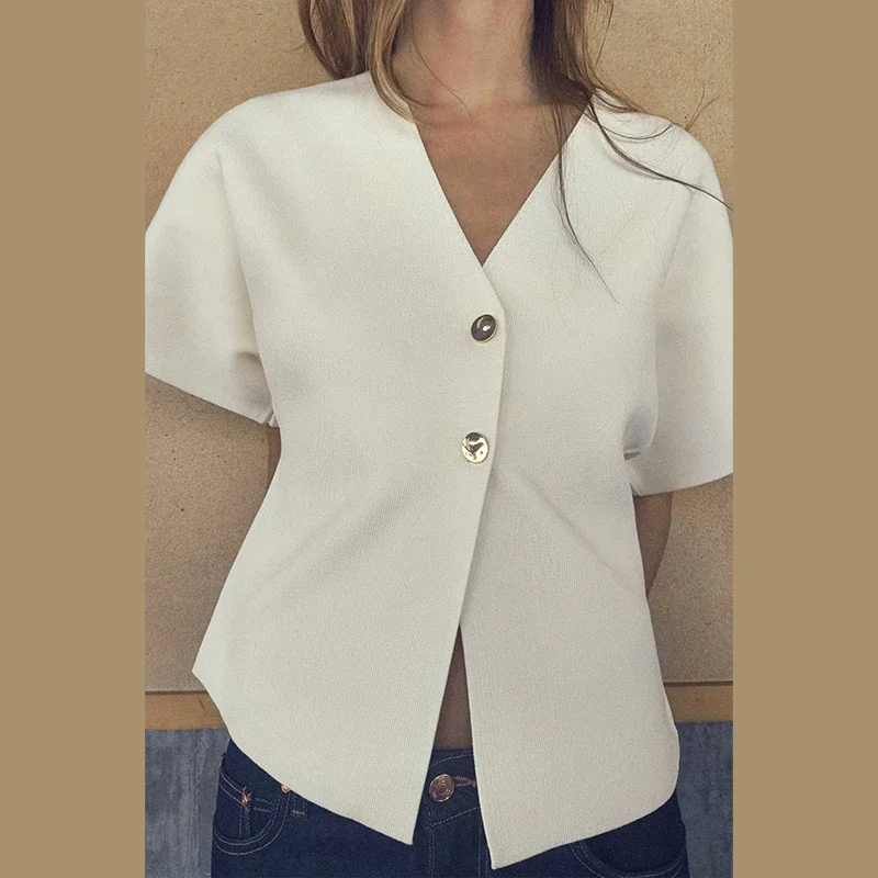 

Fashion Knitted Vest Top for Women Short Sleeve V-neck Buttons Loose White Waistcoat Cardigan Female 2024 Autumn New in Outwears