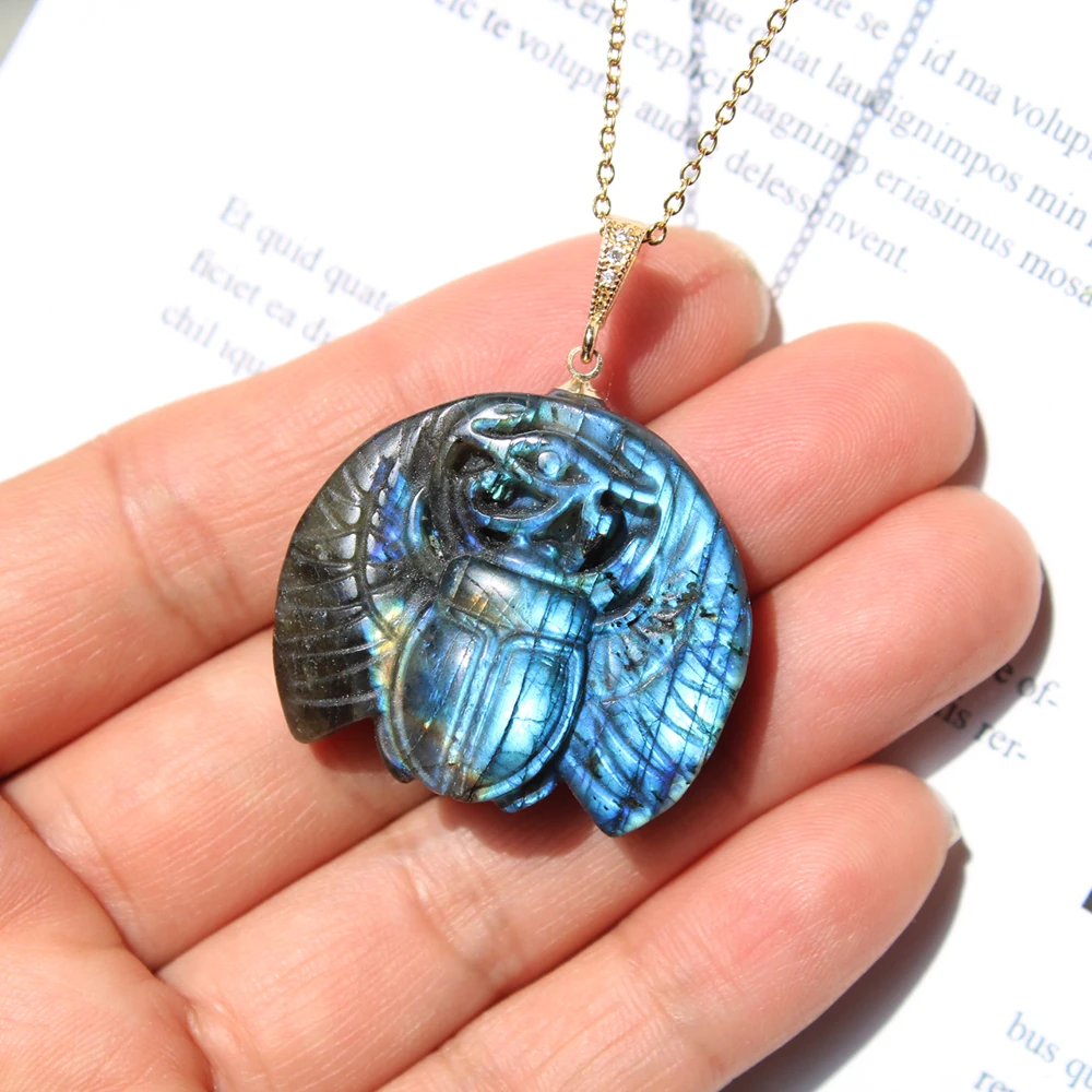 Hand Carved Ancient Egypt Cultura Craft Natural Flash Labradorite Gemstone Egyptian Scarab Carving Necklace Pendant