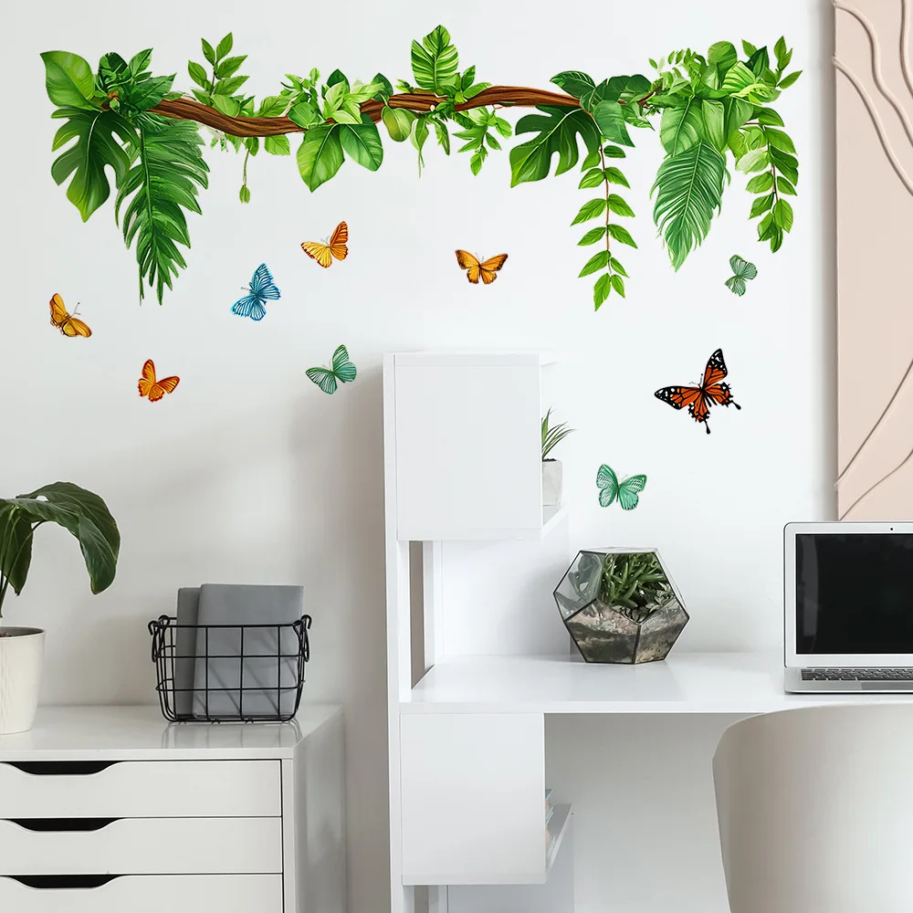 

Colorful Butterfly Green Plants Wall Stickers Living Room Background Decoration Mural Bathroom Decor Self-adhesive Home Decals