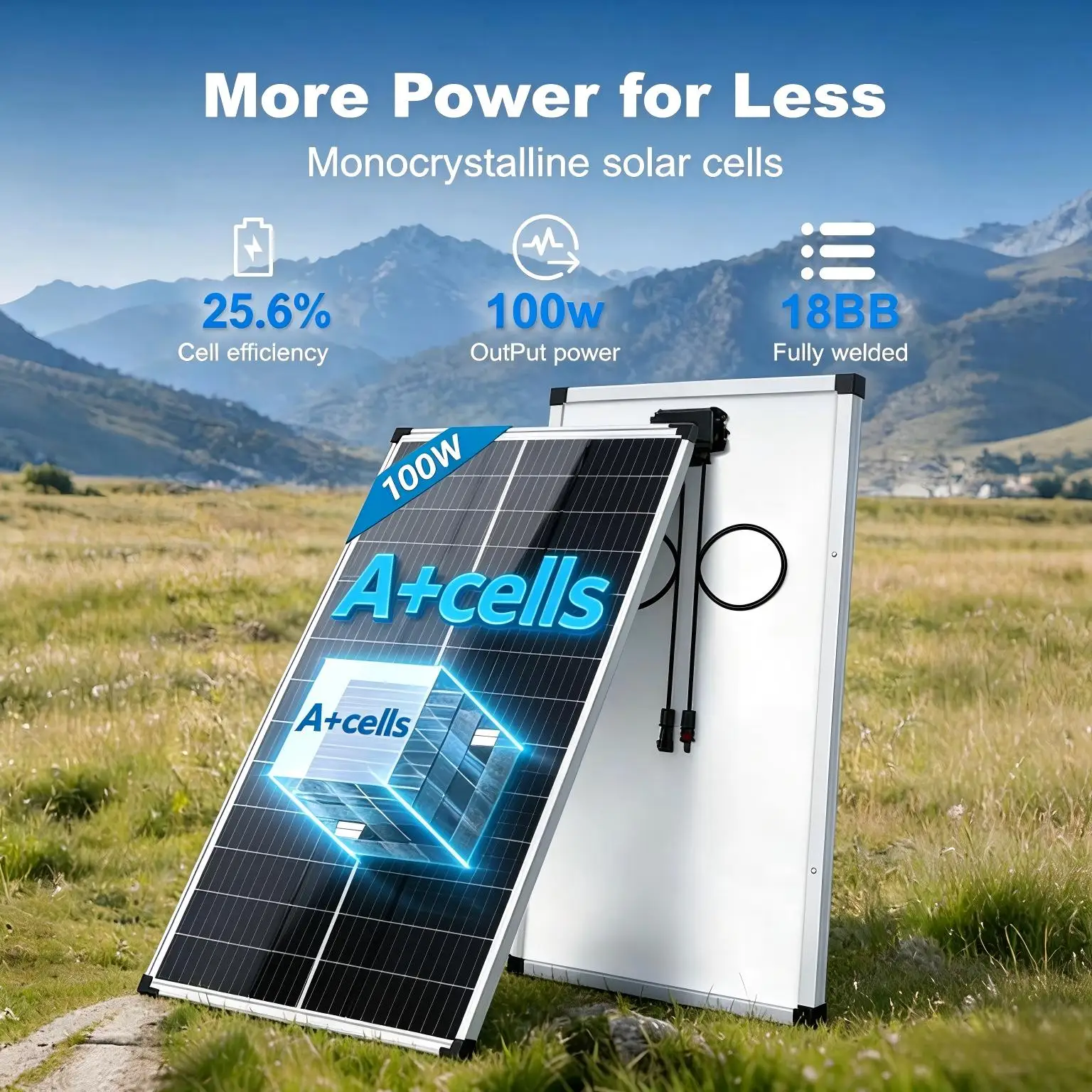 100W N‑Type 18BB Solar Panel 25.6% High Conversion Efficiency IP68 Waterproof for Home RV Farm Off‑Grid Travel Camping Outdoor Power Supply