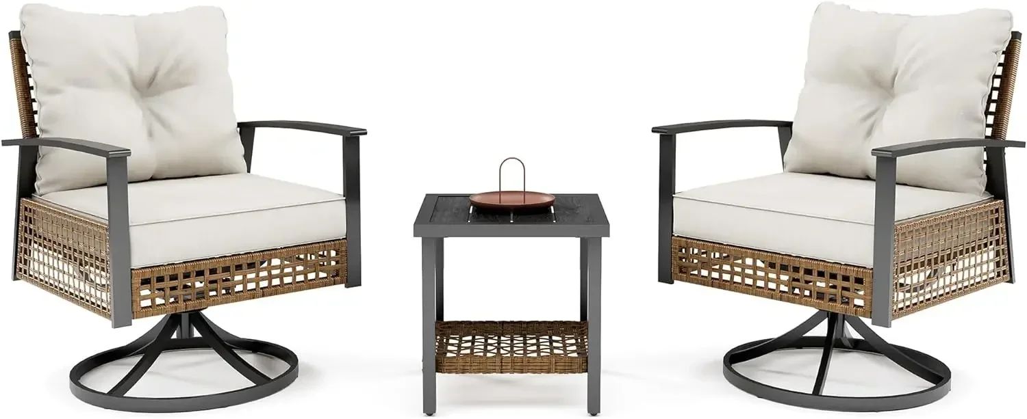 

Набор для патио-бистро из 3 предметов, плетеное уличное вращающееся кресло с 2 креслами-качалками и 1 журнальным столиком, утолщенный набор для патио