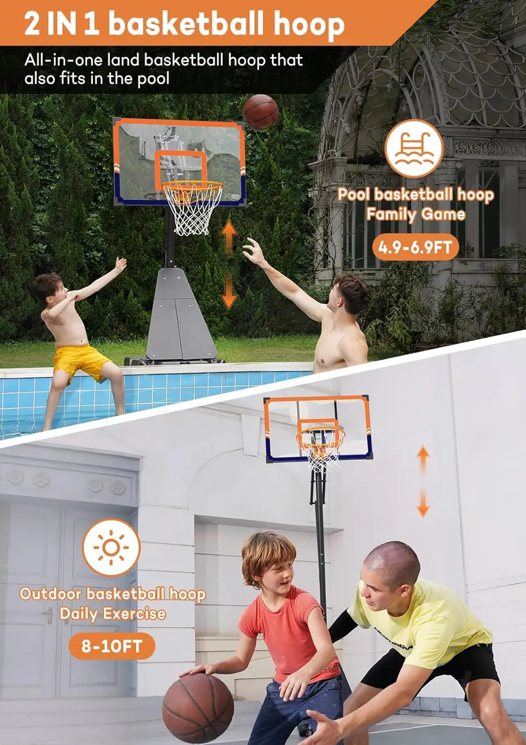 Basketball Hoop System with 44 Inch Shatterproof Backboard, 4.8FT-10FT Adjustable Height Basketball Goal Outdoor for Youth/Teens