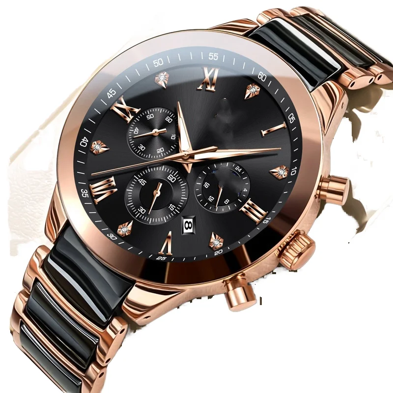 OLEVS 럭셔리 스포츠 비즈니스 크로노그래프 시계 방수 세라믹 쿼츠 스테인리스 스틸 밴드 합금 케이스 포인터 다이얼