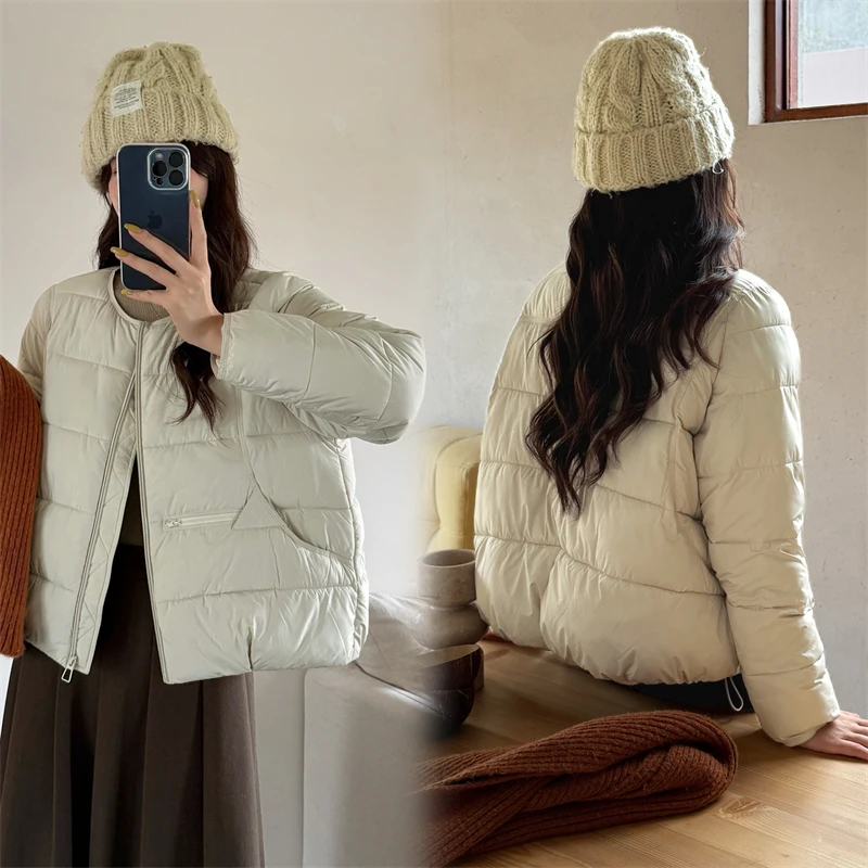 2025 Autumn Winter Loose Women Cotton Jacket Round Neck Korean Edition Warm College Fashion Lightweight Short Down Cotton Jacket